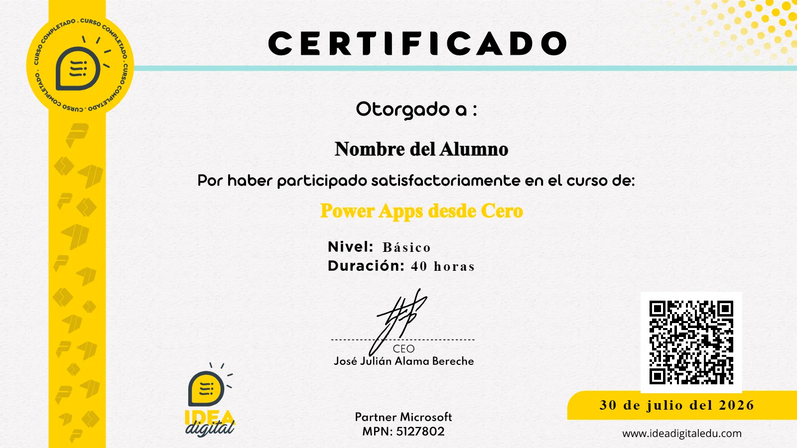 Modelo del certificado que emite Idea Digital: nombre del alumno, curso, nivel, duración, firma del director, código QR y credencial Microsoft Partner